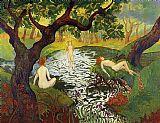 Irises Canvas Paintings - Three Bathers with Irises